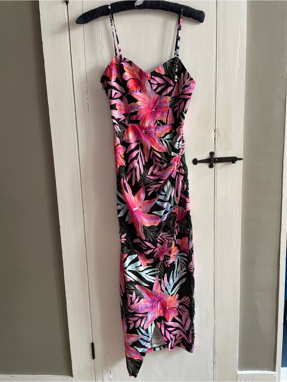 ZARA Linen Blend Tropical Side Wrap Corset Midi Slip Dress in Pink and Black S